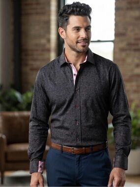 MAC Cosmetics Dark Gray Paisley Long-Sleeve Dress Shirt